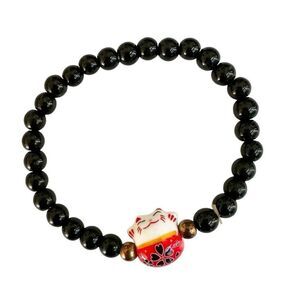 Black beaded Ceramic Lucky Cat Beaded Bracelet